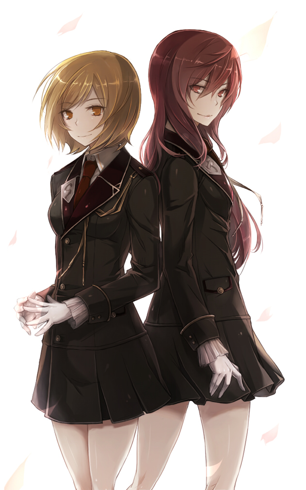 akai_katana, asaka_sumire, blonde_hair, brown_eyes, brown_hair, character_request, gloves, looking_at_viewer, multiple_girls, necktie, shinjou_tsubaki, skirt, smile, uniform, uuta_(uturautouto), yellow_eyes