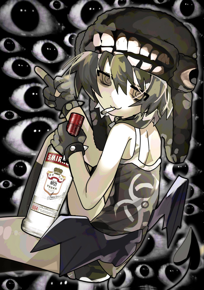 1girl, :3, alcohol, biohazard_symbol, black_eyes, black_hair, black_hat, black_pants