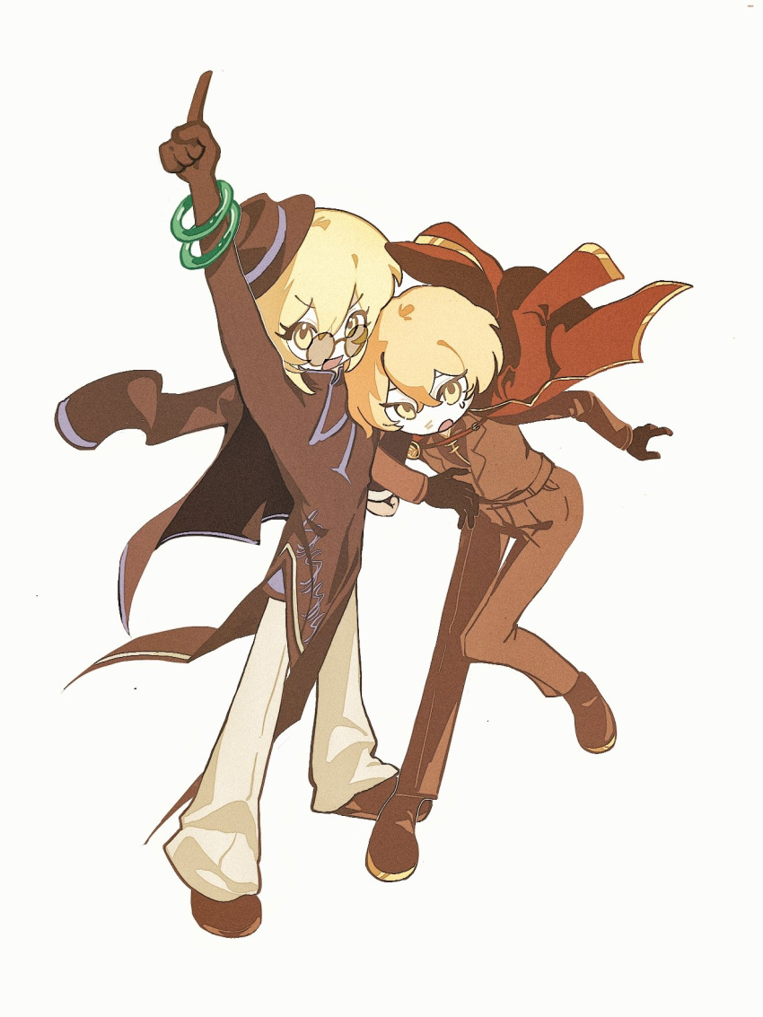 1boy, 1girl, black_gloves, black_shirt, black_suit, blonde_hair, cape, chibi