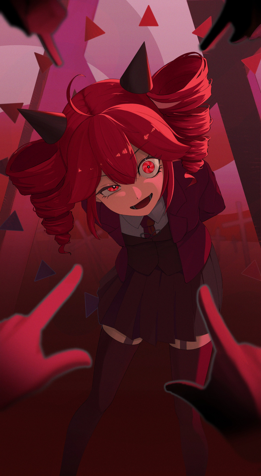 1girl, absurdres, ahoge, bent_over, black_horns, black_skirt, black_vest, collared_shirt
