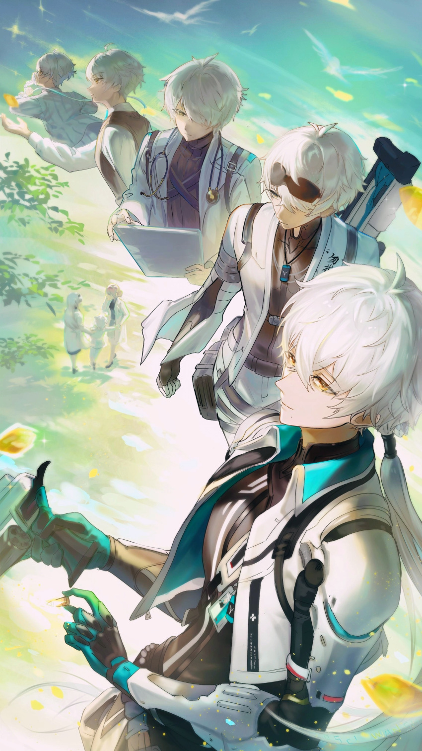 1boy, 2girls, absurdres, aged_down, ahoge, arm_up, asukayou, bird