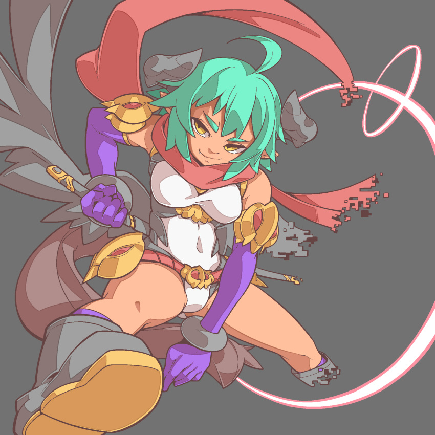 1girl, ahoge, ankle_boots, attack_trail, bangle, black_background, black_boots, black_horns