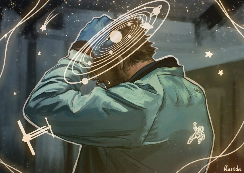 1boy, beard, beard_stubble, blonde_hair, casual, commentary, english_commentary, facial_hair, galaxy, highres, karidadraws, lab_coat, male_focus, messy_hair, project_hail_mary, ryland_grace, solo, spacecraft, stubble