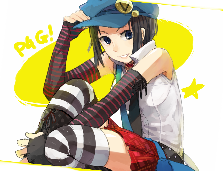 bare_shoulders, black_hair, blue_eyes, elbow_gloves, fingerless_gloves, gloves, hat, hat_tip