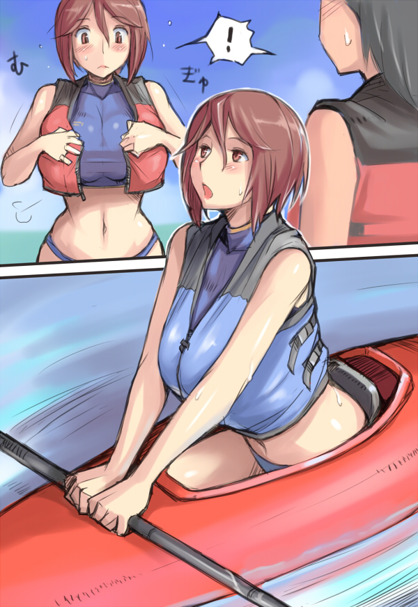 adult, bikini, blush, breasts, brown_eyes, brown_hair, bursting_breasts, kayak, large_breasts, life_vest, midriff, rozen_maiden, rozenweapon, short_hair, souseiseki, surprised, sweatdrop, swimsuit, water