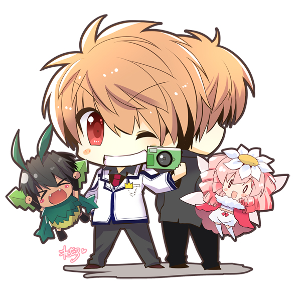 >_<, 1girl, 3boys, :d, ;d, black_hair, black_pants, black_shirt, bloomers, blush_stickers, camera, chibi, chibi_only, collared_shirt, commentary_request, dark-skinned_male, dark_skin, drill_hair, dual_persona, eyes_visible_through_hair, fairy, fairy_wings, flower, full_body, gil_(rewrite), grin, hair_between_eyes, hair_flower, hair_ornament, heart, holding, holding_camera, jacket, kazamatsuri_institute_high_school_uniform, leaf_wings, long_hair, long_sleeves, male_focus, multiple_boys, necktie, o_o, one_eye_closed, open_mouth, orange_hair, pani_(rewrite), pants, pink_hair, red_eyes, red_necktie, remotaro, rewrite, school_uniform, shirt, short_hair, signature, simple_background, smile, spiky_hair, standing, tennouji_kotarou, twin_drills, white_background, white_bloomers, white_flower, white_jacket, wings, xd