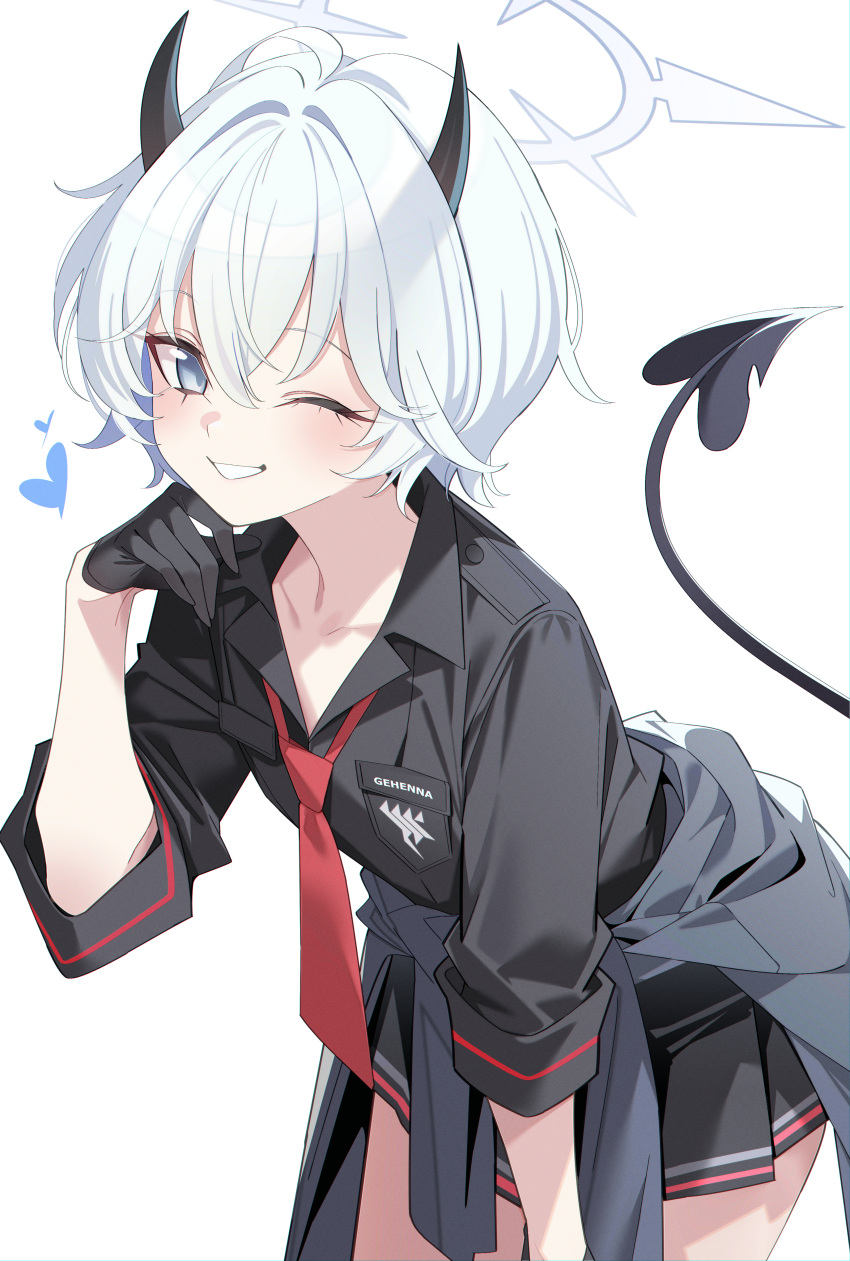 1girl, absurdres, bine_kun, black_gloves, black_horns, black_shirt, black_skirt, blue_archive