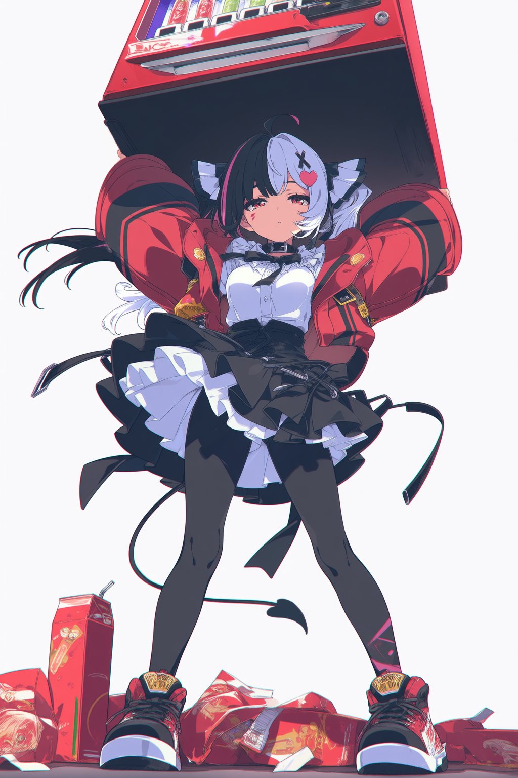 1girl, black_hair, black_pantyhose, black_shoes, black_skirt, commentary, demon_girl, demon_tail, dgle3370, hair_ornament, heart, heart_hair_ornament, highres, jacket, lacrimosa_(nte), looking_at_viewer, multicolored_hair, neverness_to_everness, pantyhose, red_eyes, red_jacket, red_streaks, shirt, shoes, skirt, solo, split-color_hair, streaked_hair, tail, twintails, untranslatable_commentary, vending_machine, white_background, white_hair, white_shirt, x_hair_ornament