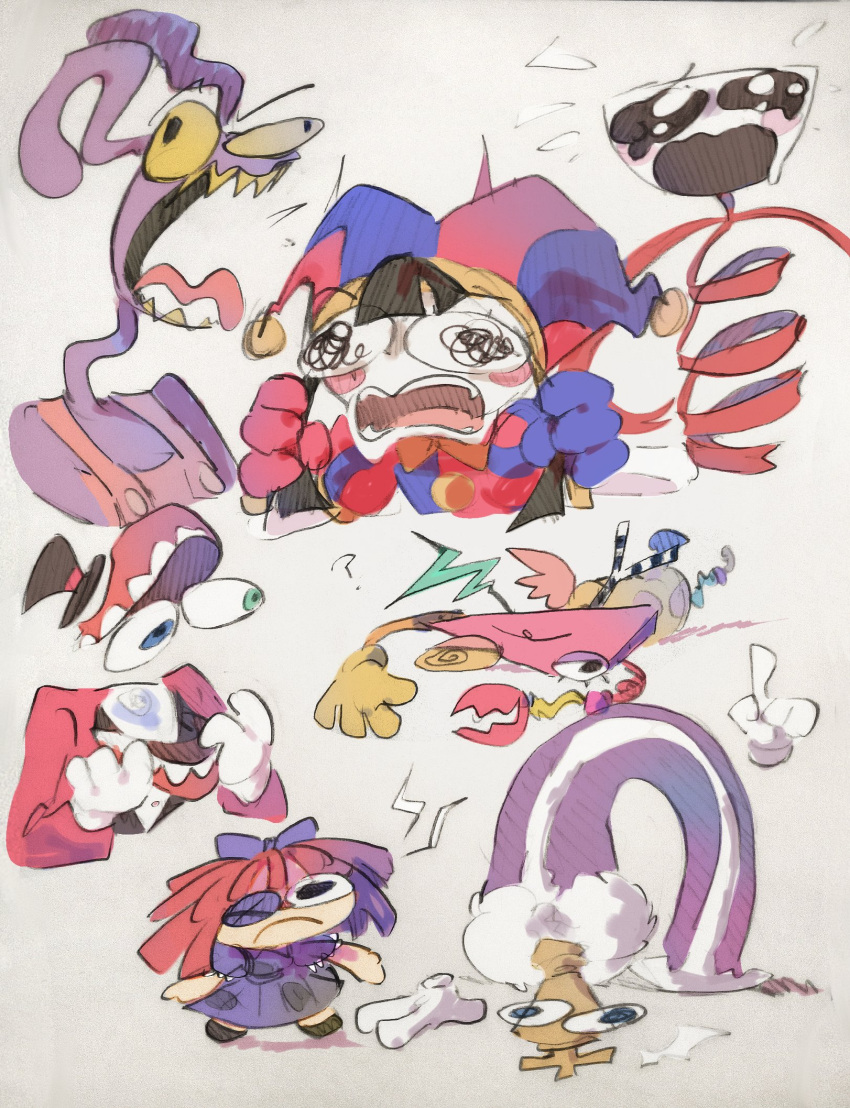 1other, 3boys, 3girls, ?, @_@, angry, asymmetrical_arms, asymmetrical_gloves
