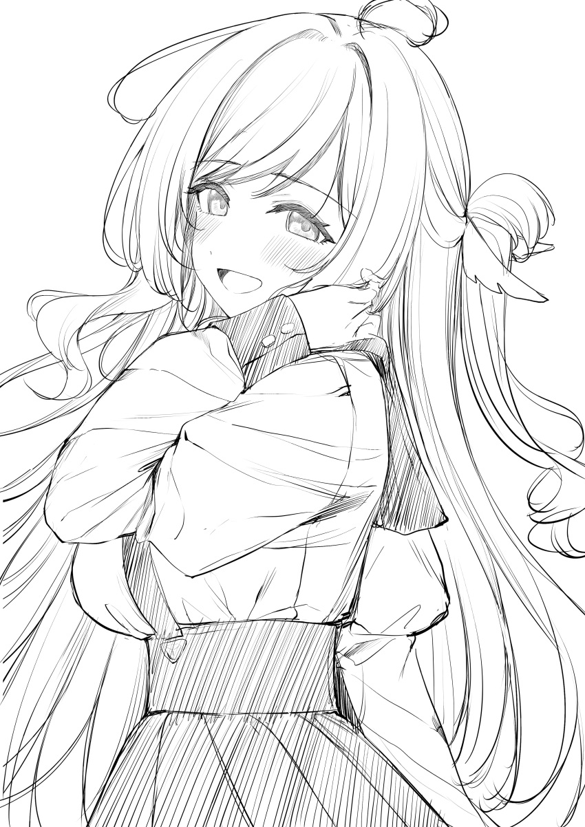 1girl, :d, absurdres, ahoge, arm_at_side, blush, breasts, buttoned_cuffs