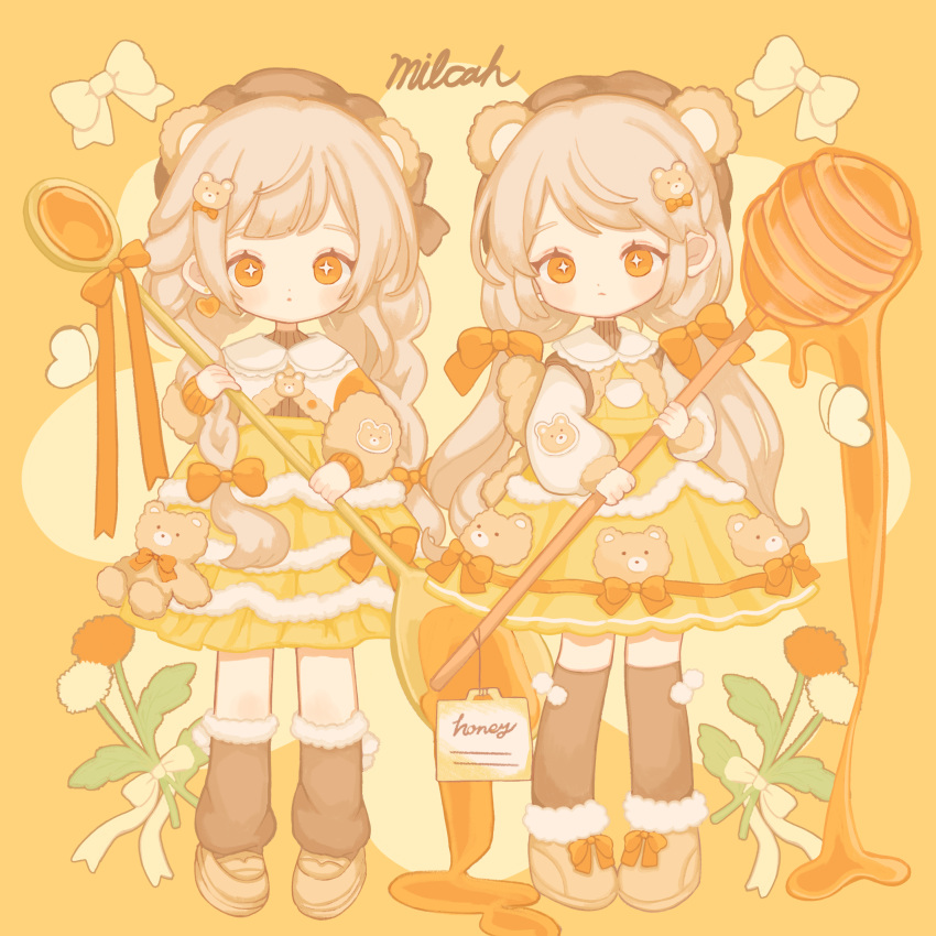 2girls, animal_ears, artist_name, bear_ears, bear_girl, bow, brown_shoes, brown_socks