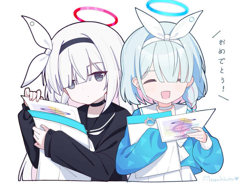 2girls, arona_(blue_archive), black_choker, black_coat, black_eyes, black_hairband, black_sailor_collar, blue_archive, blue_hair, blue_halo, blue_shirt, blush, bow_hairband, braid, choker, coat, colored_inner_hair, envelope, hair_over_one_eye, hairband, halo, highres, holding, holding_envelope, holding_paper, kk0220, long_hair, long_sleeves, multicolored_hair, multiple_girls, neckerchief, open_mouth, paper, pink_hair, plana_(blue_archive), recruitment_(blue_archive), red_halo, red_pupils, ribbon, sailor_collar, shirt, short_hair, simple_background, single_braid, smile, white_background, white_choker, white_hair, white_hairband, white_neckerchief, white_ribbon, white_sailor_collar
