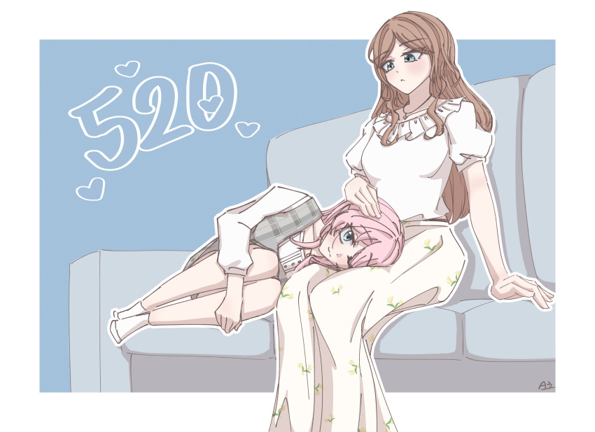 2girls, a3, absurdres, bang_dream!, bang_dream!_it's_mygo!!!!!, blue_background, blue_eyes, brown_hair