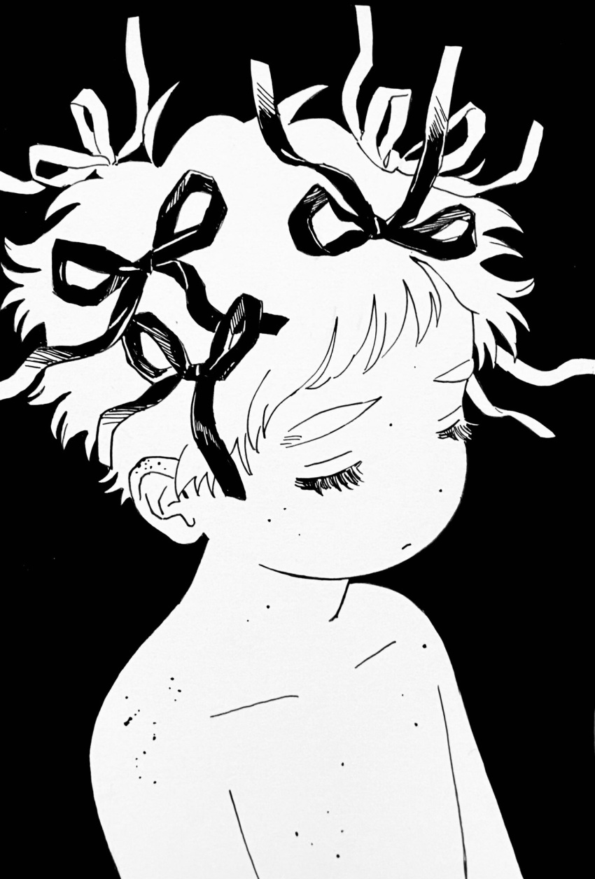1boy, bare_shoulders, body_freckles, chest_freckles, closed_eyes, collarbone, eyelashes, freckles