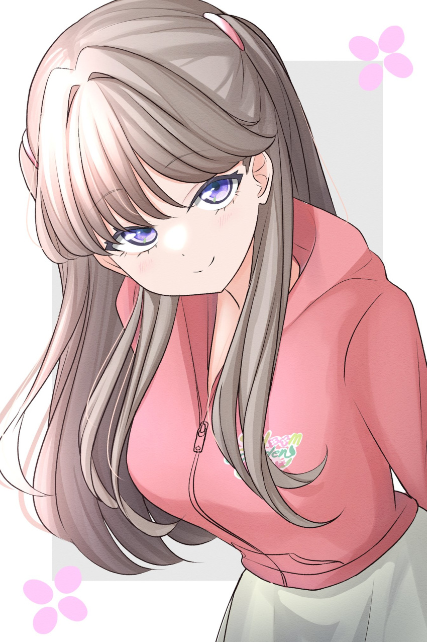 1girl, bloom_garden_party_jacket, border, breasts, brown_hair, closed_mouth, commentary_request, cowboy_shot, fujishima_megumi, grey_background, highres, hood, hood_down, hooded_jacket, jacket, large_breasts, long_hair, long_sleeves, looking_at_viewer, love_live!, love_live!_hasu_no_sora_jogakuin_school_idol_club, love_live!_hasu_no_sora_jogakuin_school_idol_club_bloom_garden_party, outside_border, pink_jacket, simple_background, skirt, smile, solo, tsubuan_(in_taiyaki), upturned_eyes, violet_eyes, white_border, white_skirt