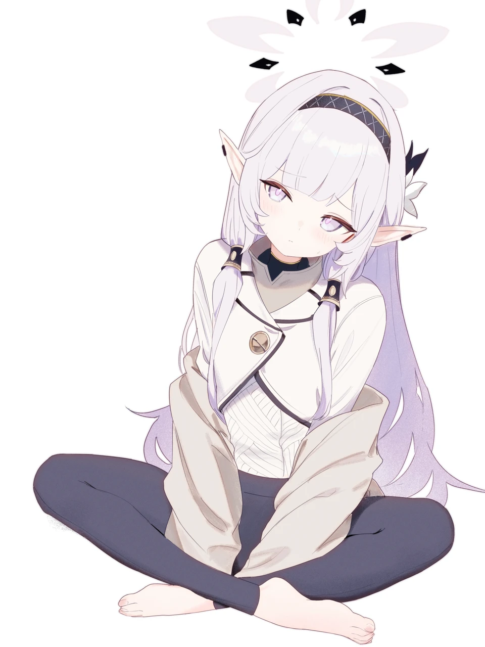 1girl, barefoot, black_hairband, black_pants, blue_archive, blush, chinese_commentary, commentary_request