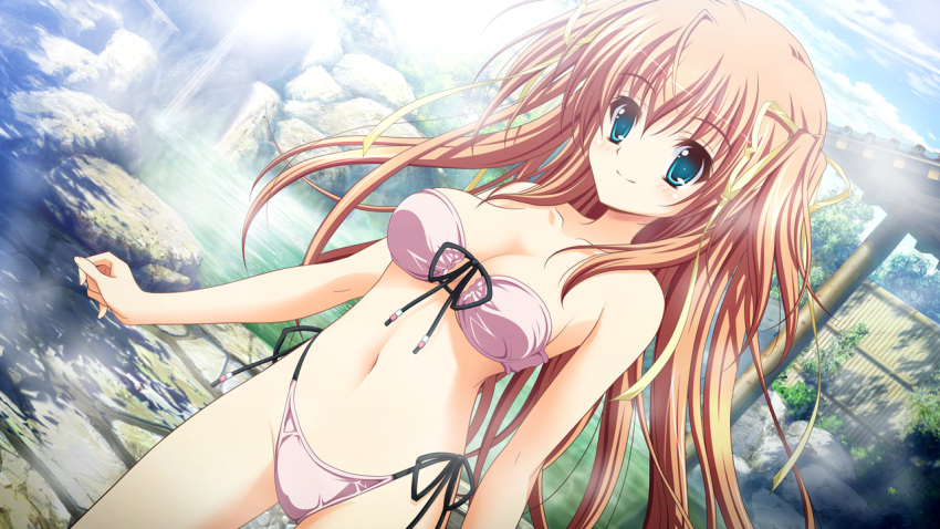 bikini, blue_eyes, brown_hair, game_cg, higashibetsuin_rurumi, long_hair, onsen, renai_kateikyoushi_rurumi_coordinate