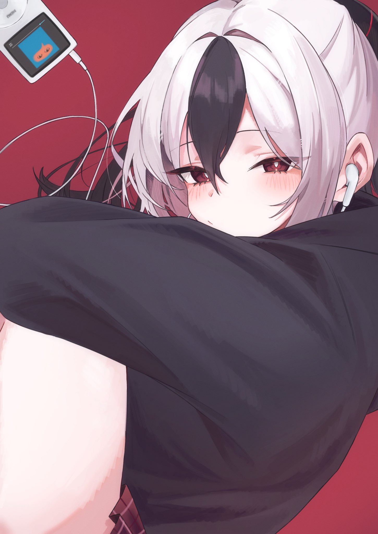 1girl, black_hair, black_hoodie, black_horns, blue_archive, blush, closed_mouth, commentary_request
