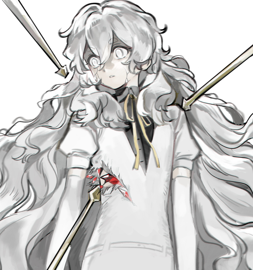 1girl, arrow_(projectile), arrow_in_body, black_shirt, buttons, charlotte_wiltshire, collared_shirt, cracked_skin