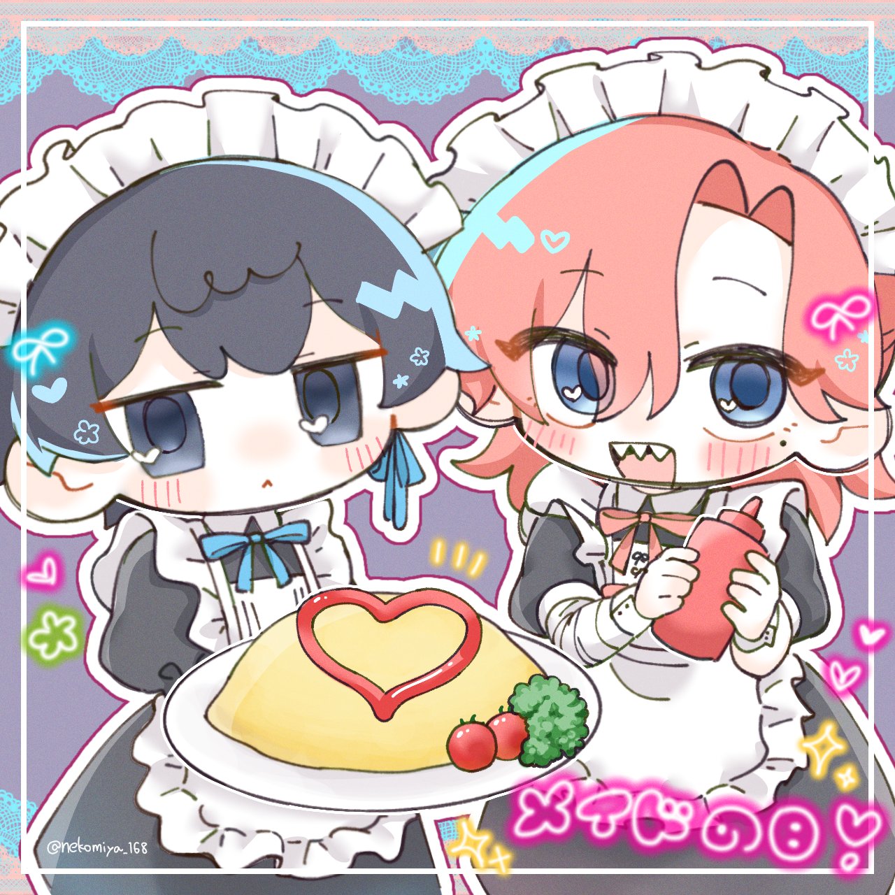2boys, :<, :d, apron, bandaged_arm, bandages, black_dress, black_hair