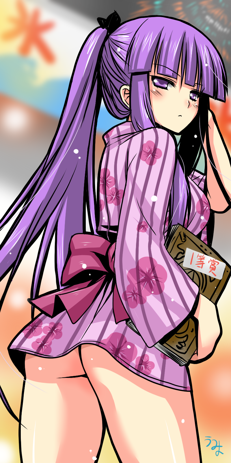 :<, alternate_hairstyle, ass, bangs, blunt_bangs, blush, book, floral_print, from_behind, frown, glaring, highres, japanese_clothes, kimono, lkakeu, long_hair, looking_at_viewer, looking_back, obi, patchouli_knowledge, ponytail, purple_eyes, purple_hair, short_kimono, short_yukata, solo, striped, touhou, umyonge_(lkakeu), very_long_hair, violet_eyes