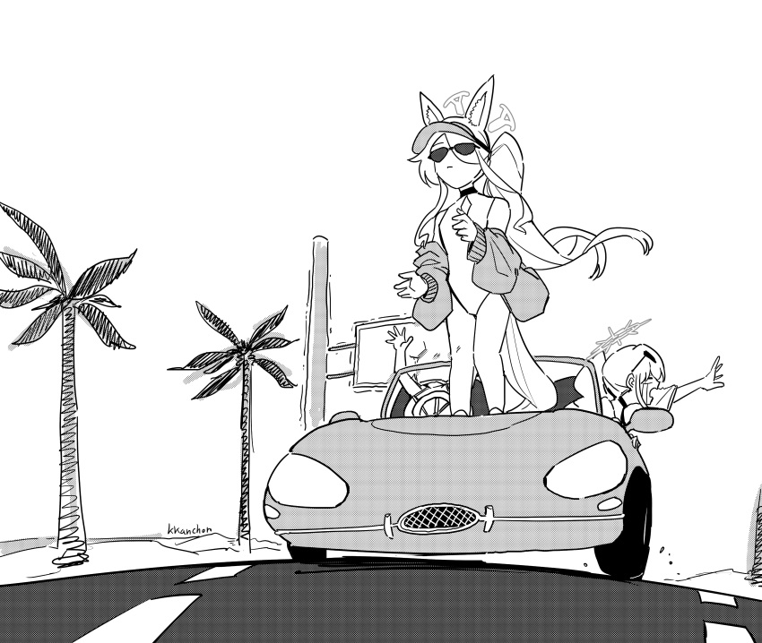 3girls, absurdres, animal_ears, blue_archive, car, closed_mouth, commentary_request, crying