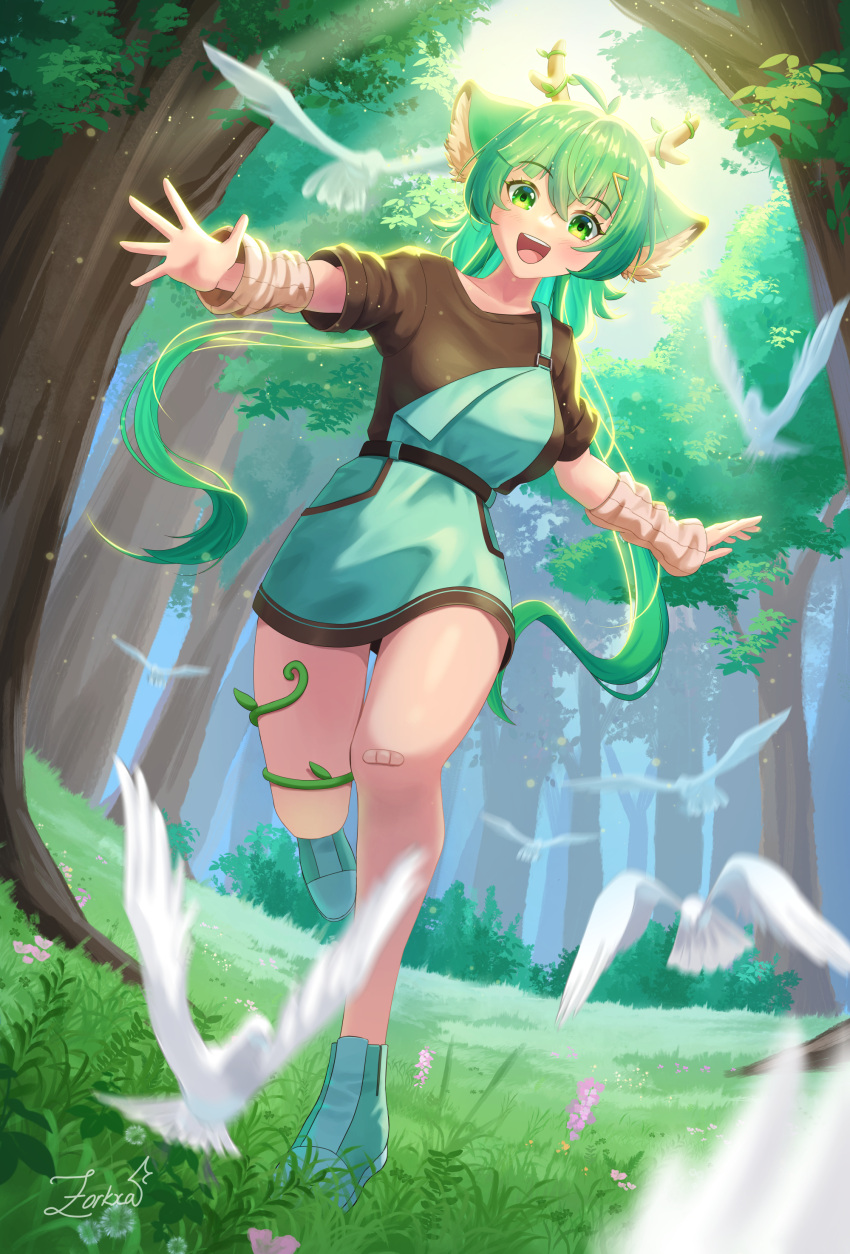 1girl, :d, absurdres, ahoge, animal_ears, antlers, bird, brown_shirt