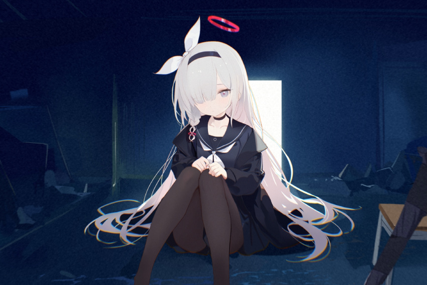 1girl, absurdly_long_hair, black_choker, black_coat, black_hairband, black_pantyhose, black_serafuku, blue_archive