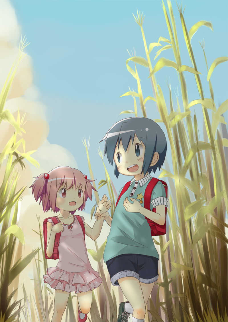 ashida_ichirou, backpack, bag, blue_eyes, blue_hair, dress, ichirou_(hajimari), kaname_madoka, mahou_shoujo_madoka_magica, mahou_shoujo_madoka_magica_novel, miki_sayaka, multiple_girls, pink_eyes, pink_hair, randoseru, short_hair, short_twintails, skirt, twintails, wrist_grab, young
