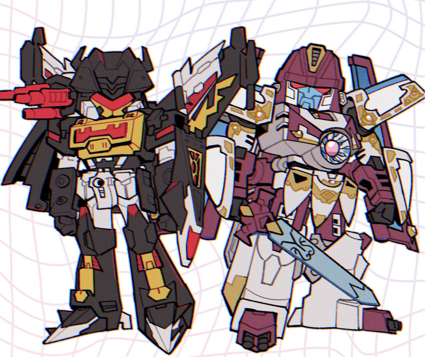 2boys, chest_jewel, chibi, commentary_request, faceplate, gauntlets, helmet, highres