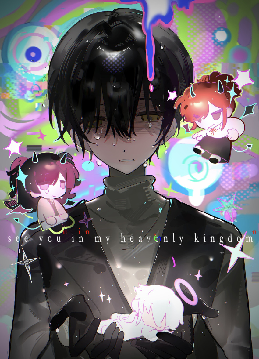 2boys, 2girls, abstract_background, angry, ben-day_dots, black_gloves, black_hair, black_jacket, black_skirt, cardigan, charles_eyler, chibi, chinese_commentary, commentary_request, crying, death, demon_horns, demon_tail, demon_wings, dripping, empty_eyes, english_text, eye_symbol, glitch, gloves, glowing, grey_cardigan, hair_between_eyes, halo, hello_charlotte, high_ponytail, highres, holding_chibi, horns, jacket, long_hair, long_sleeves, low_ponytail, medium_hair, multiple_boys, multiple_girls, neck_ribbon, open_mouth, parted_lips, pink_eyes, pink_halo, pointing, pointing_at_another, ponytail, psychedelic, red_hair, red_ribbon, ribbon, sad_smile, screentones, shaded_face, shirt, short_hair, sidelocks, skirt, smile, solo_focus, source_quote, sparkle, star_(symbol), tail, teardrop, tearing_up, turtleneck, turtleneck_shirt, two_side_up, vincent_wordsworth, violet_eyes, white_hair, white_ribbon, white_shirt, white_skirt, wings, yellow_eyes, zhelimiaomiao