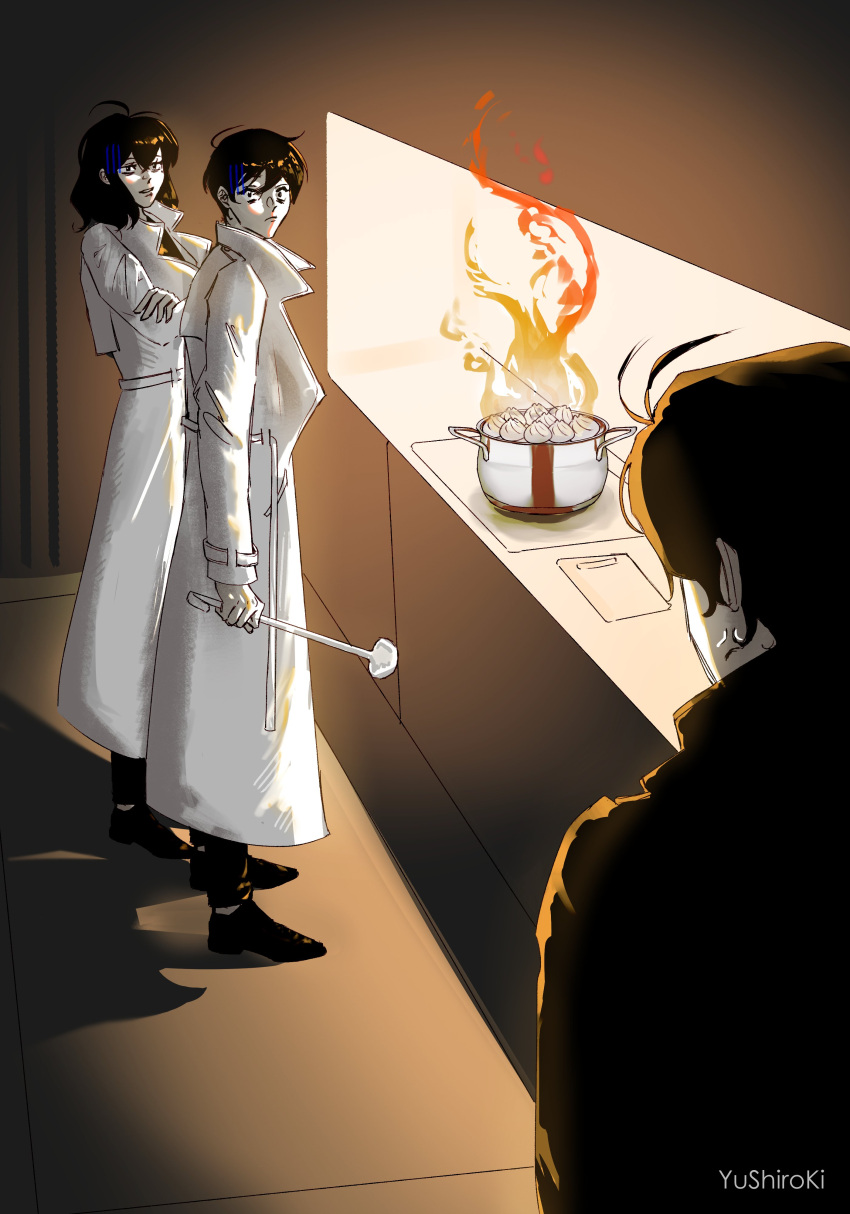 1girl, 2boys, absurdres, black_hair, bob_cut, burning, chocolate_making_disaster_(meme), coat