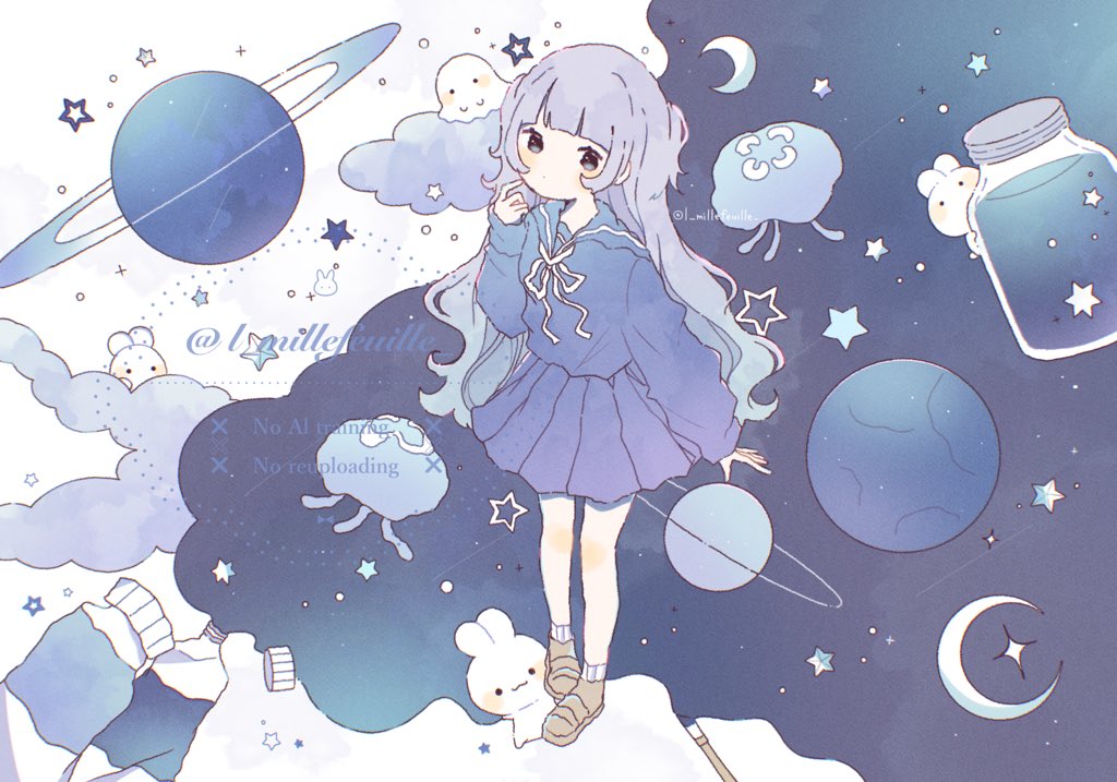 1girl, blue_hair, blue_sailor_collar, blue_serafuku, blue_shirt, blue_skirt, blunt_bangs, blush_stickers