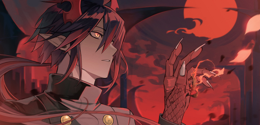 1boy, absurdres, bat_wings, black_hair, buttons, colored_extremities, commentary_request, d4maft, demon_boy, demon_horns, funamusea, gradient_background, gradient_hair, haiiro_teien, highres, horns, ivlis_(funamusea), long_hair, male_focus, moon, multicolored_hair, pointy_ears, red_hair, red_hands, red_moon, red_scales, red_sky, sky, two-tone_hair, wings