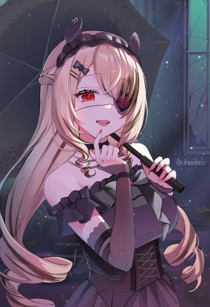 1girl, animal_ears, bare_shoulders, black_bow, black_choker, black_dress, bow, braid, brown_hair, chiadan7, choker, commentary, corset, cross-laced_clothes, cross-laced_corset, crown_braid, detached_sleeves, dress, drill_hair, earrings, eyepatch, fangs, flower_eyepatch, frilled_hairband, frills, hair_bow, hair_ornament, hairband, hairclip, highres, holding, holding_umbrella, indie_virtual_youtuber, jewelry, lace, lace-trimmed_eyepatch, lace_sleeves, long_hair, long_sleeves, looking_at_viewer, nimi_nightmare, nimi_nightmare_(goth), off-shoulder_dress, off_shoulder, one_eye_covered, open_mouth, parallel_hairclips, red_eyes, red_nails, solo, tapir_ears, tapir_girl, twin_drills, twitter_username, umbrella, untranslatable_commentary, virtual_youtuber, window