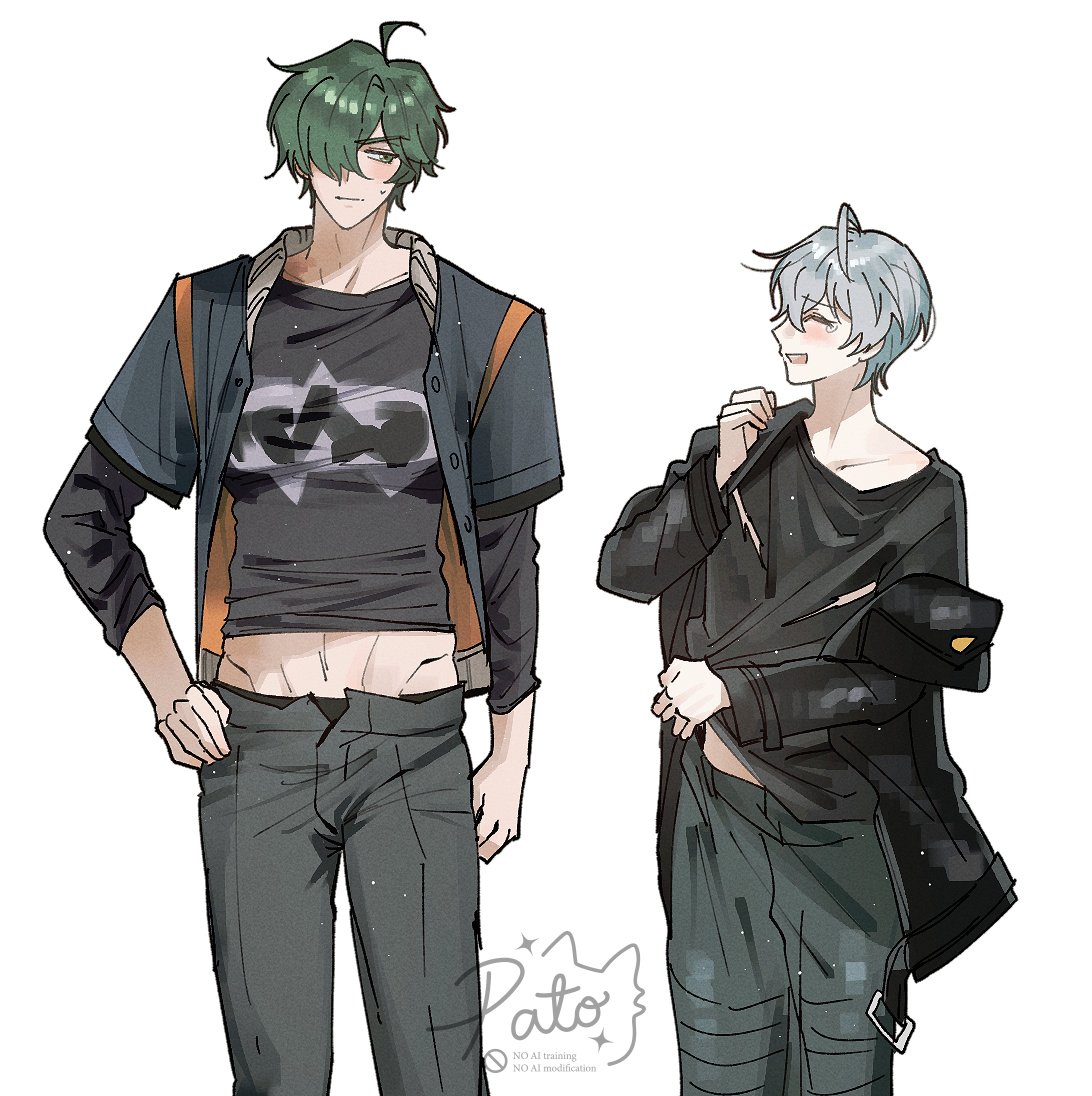 2boys, black_jacket, black_shirt, blue_jacket, closed_eyes, closed_mouth, collarbone, commentary_request