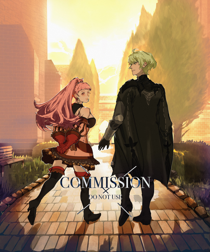 1boy, 1girl, absurdres, boots, breasts, brick_road, castle, commission