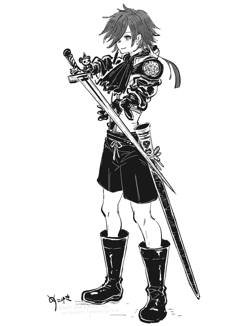 1boy, androgynous, ascot, boots, closed_mouth, commentary, dito_(drag-on_dragoon), drag-on_dragoon, drag-on_dragoon_3, full_body, greyscale, hair_over_one_eye, highres, holding, holding_sword, holding_weapon, male_focus, mekoyuki, monochrome, short_hair, shorts, simple_background, smile, solo, standing, sword, weapon, white_background