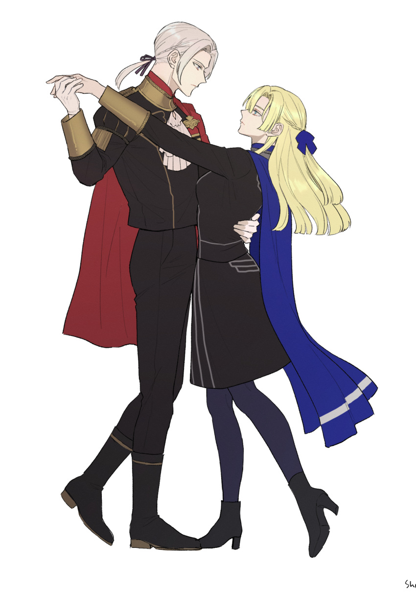 1boy, 1girl, black_pants, black_shoes, black_skirt, blonde_hair, blue_cape, blue_ribbon