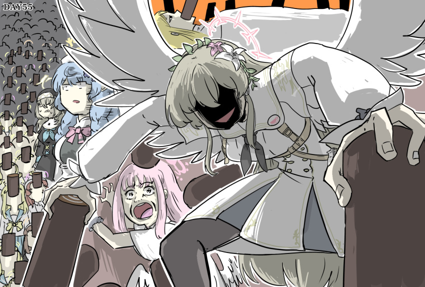 6+girls, angel_wings, ascot, blonde_hair, blue_archive, blue_hair, bow, bowtie