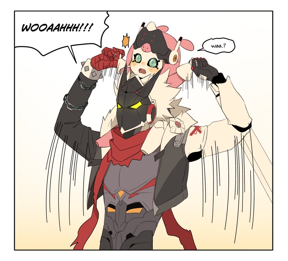 1boy, 1girl, aged_down, aria_(robot)_(zenless_zone_zero), aria_(zenless_zone_zero), arm_mounted_weapon, arms_up, artist_name