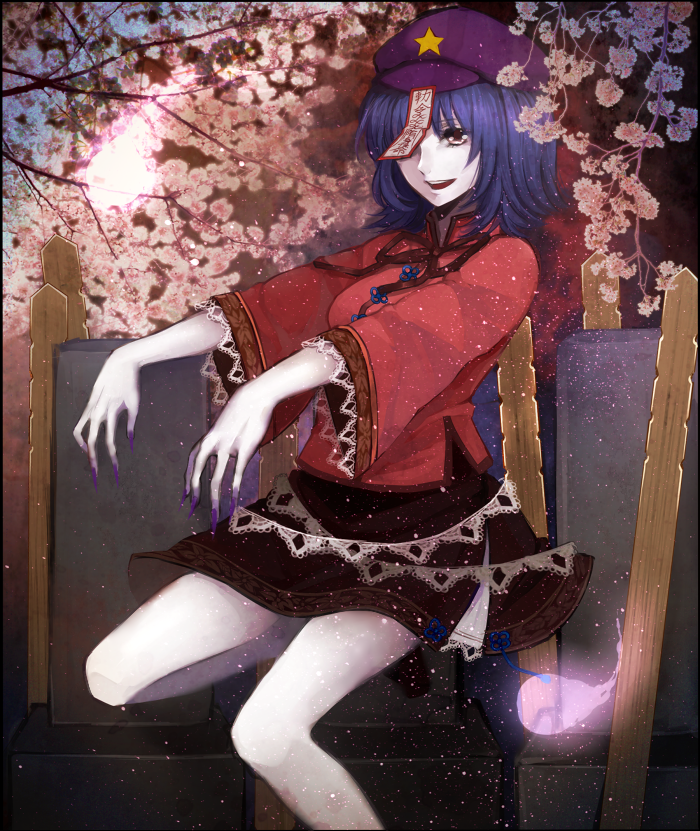 bad_id, beret, blue_hair, cherry_blossoms, fingernails, geung_si, ghost, grave