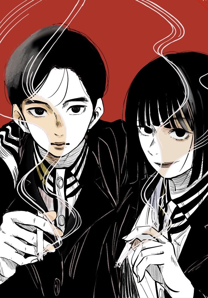 2boys, arm_around_shoulder, as.hii, asama_yoshitsune, bob_cut, cigarette, commentary_request, holding
