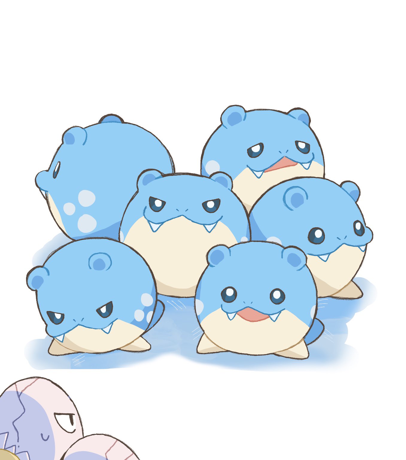 :3, commentary_request, exeggcute, fangs, highres, no_humans, open_mouth, pokemon, pokemon_(creature), pokemon_focus, smile, spheal, sweat, tanisi7cskv