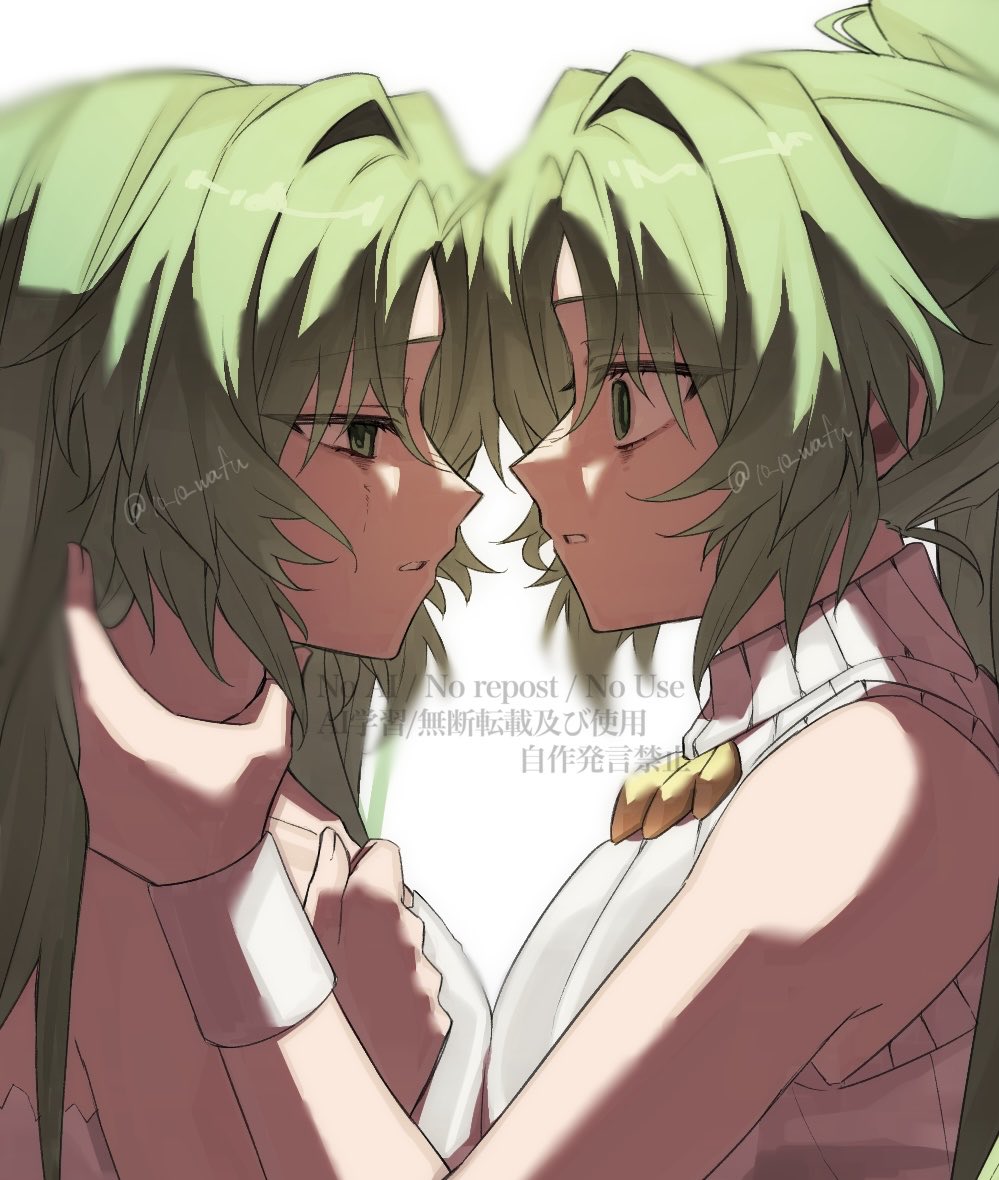 10_10_wafu, 2girls, artist_name, commentary_request, eye_contact, from_side, green_eyes, green_hair