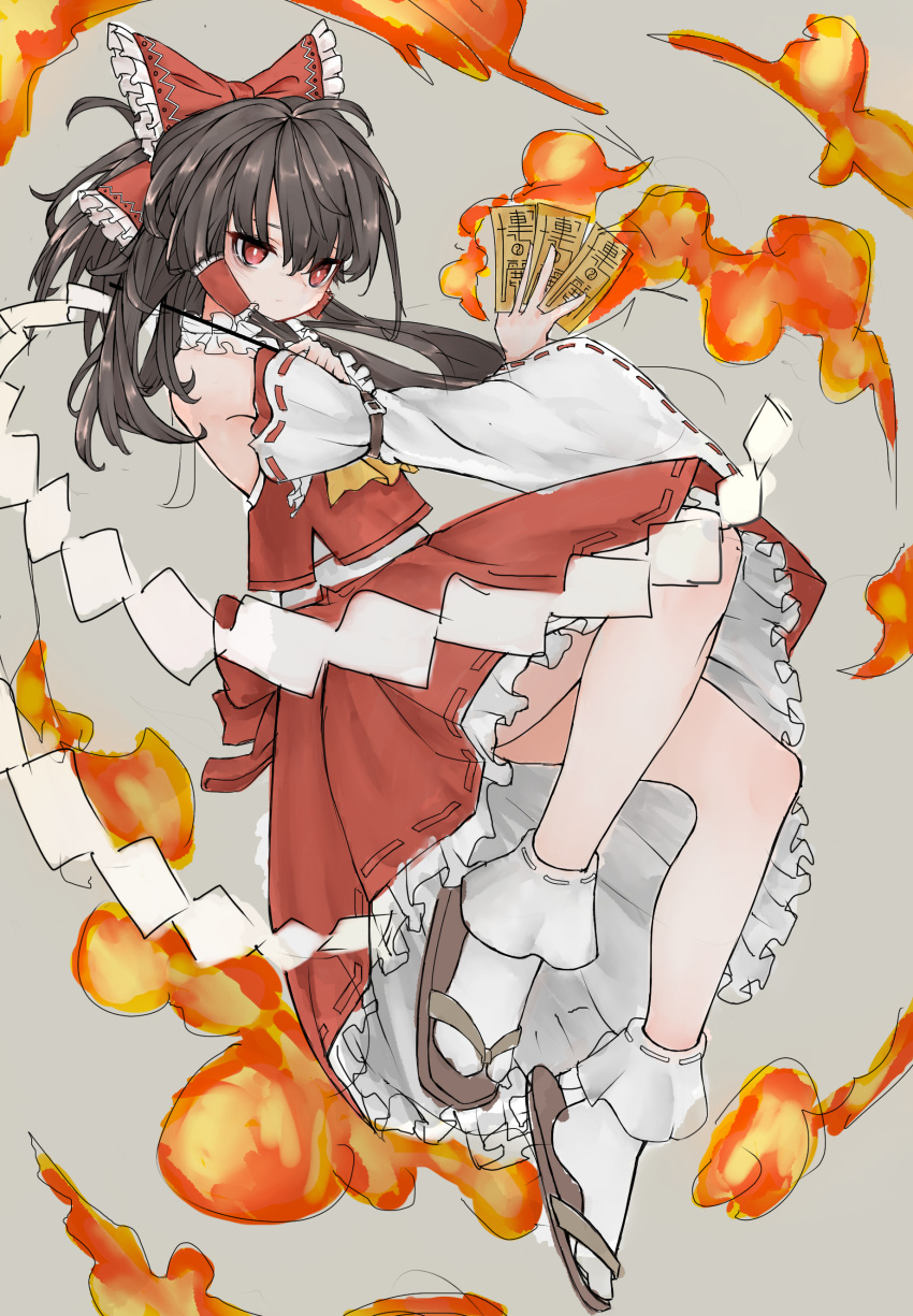 1girl, absurdres, ascot, bags_under_eyes, black_hair, bow, closed_mouth, detached_sleeves