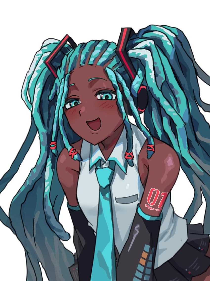 1girl, alternate_skin_color, aqua_eyes, aqua_hair, aqua_necktie, bare_shoulders, black_skirt, black_sleeves