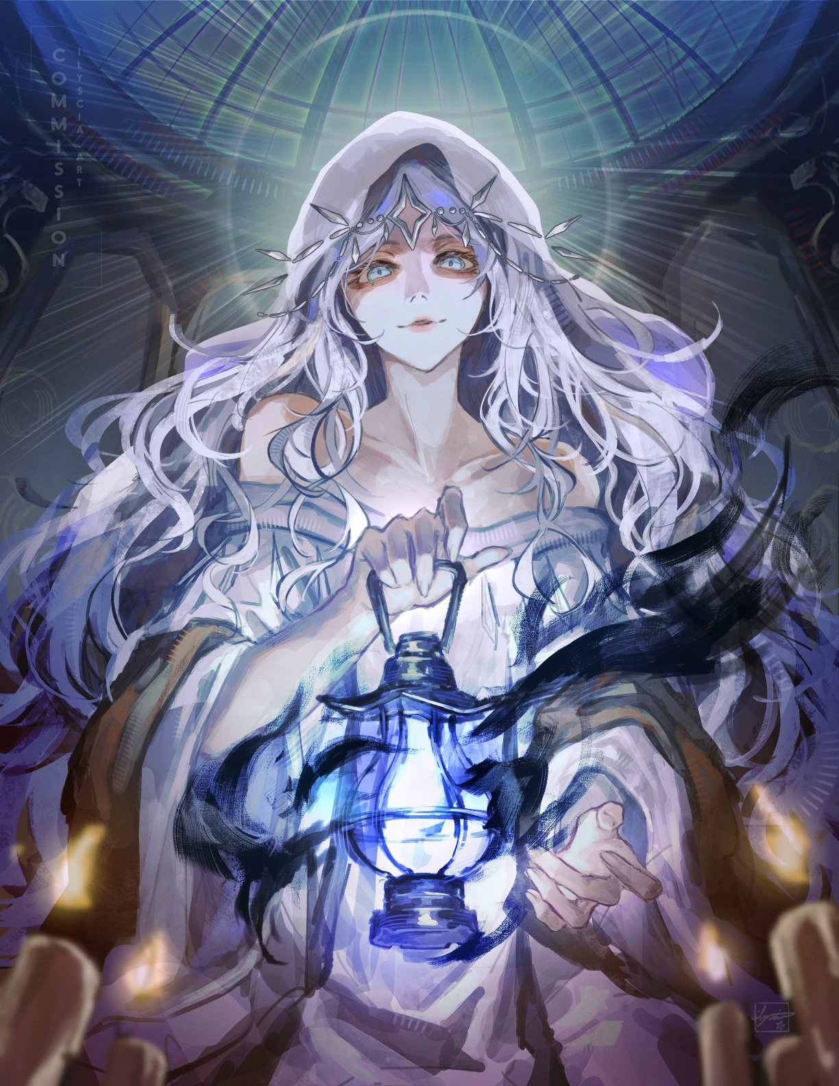 1girl, alt_text, aura, bare_shoulders, blurry, blurry_foreground, candle, ceraphina_(octopath_traveler)