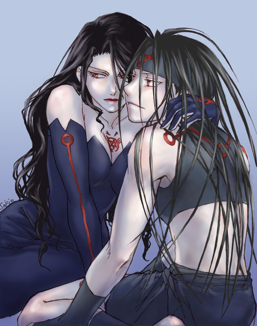 bare_shoulders, black_hair, breasts, cleavage, dress, elbow_gloves, envy, envy_(fma), fullmetal_alchemist, gloves, headband, hexagram, homunculus, lipstick, long_hair, lust, midriff, ouroboros, red_eyes, sakio-k, sitting, skort, tattoo