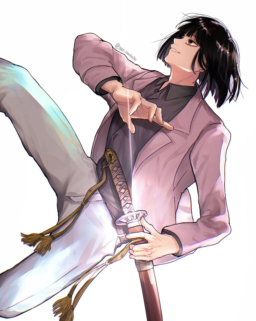 1boy, asama_yoshitsune, black_eyes, black_hair, black_shirt, blazer, bob_cut, commentary_request, fighting_stance, highres, jacket, lapels, long_sleeves, male_focus, nar_nantoka, nippon_sangoku, pants, parted_lips, profile, ready_to_draw, sheath, sheathed, shirt, sideways, solo, sword, twitter_username, weapon, white_background